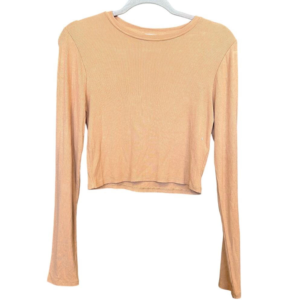 Gianni Bini Light Orange Cropped Ribbed Long Sleeve Basic Top Medium